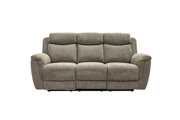 A three-seat power reclining sofa in textured taupe-gray fabric, shown from a front-facing angle on a solid white background.