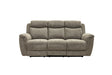 A three-seat power reclining sofa in textured taupe-gray fabric, shown from a front-facing angle on a solid white background.