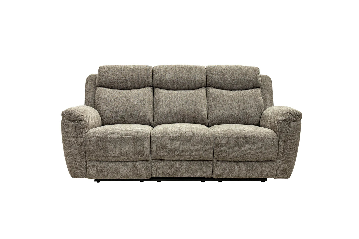 A three-seat power reclining sofa in textured taupe-gray fabric, shown from a front-facing angle on a solid white background.