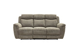 A three-seat power reclining sofa in textured taupe-gray fabric, shown from a front-facing angle on a solid white background.