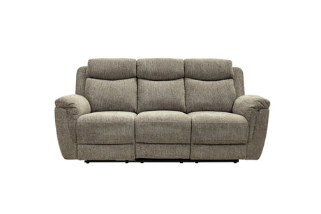 A three-seat power reclining sofa in textured taupe-gray fabric, shown from a front-facing angle on a solid white background.