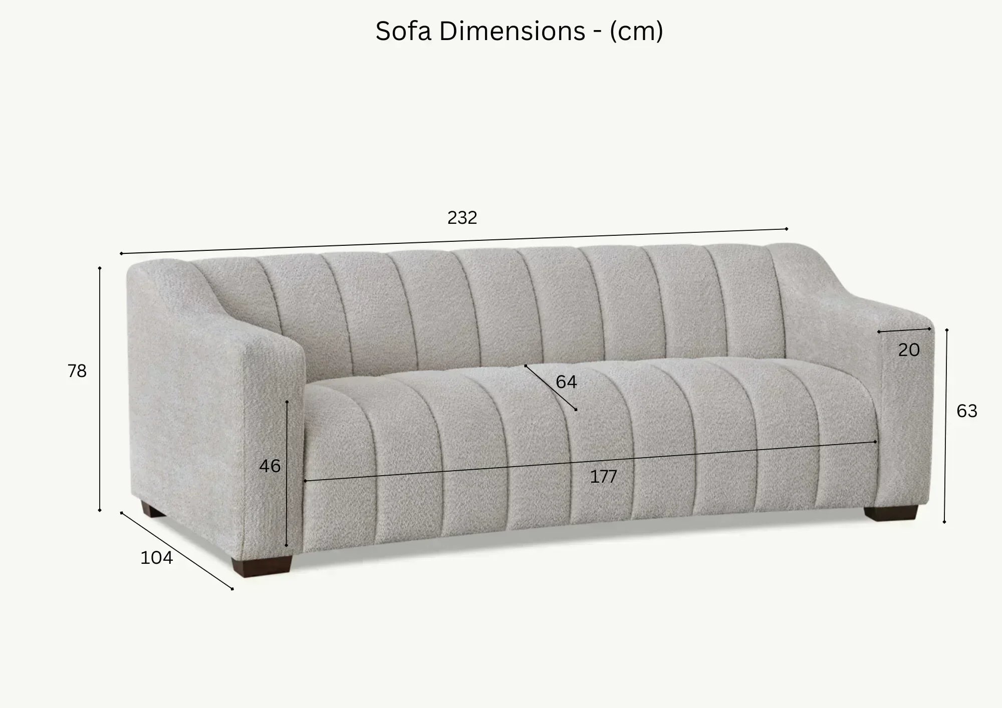 Light grey textured sofa with channel tufting showing detailed dimensions in centimeters