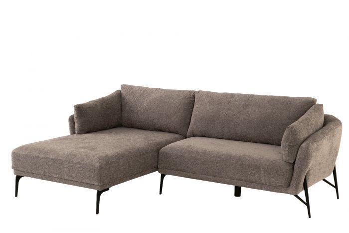 Brown fabric corner sofa with chaise, black metal legs, modern living room seating