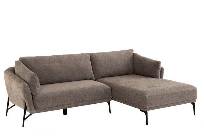 Brown fabric corner sofa with chaise and black metal legs, angled front view