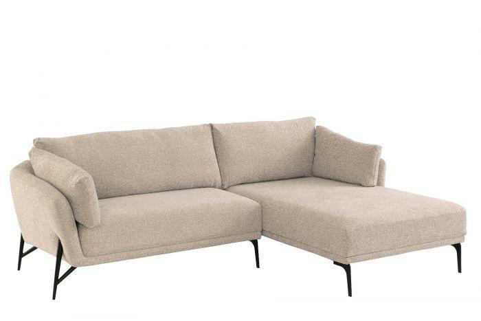 Beige corner sofa with chaise lounge and slim black metal legs