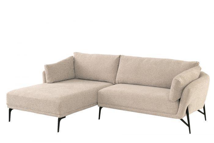 Beige corner sofa with fabric upholstery and black metal legs, left-hand chaise design