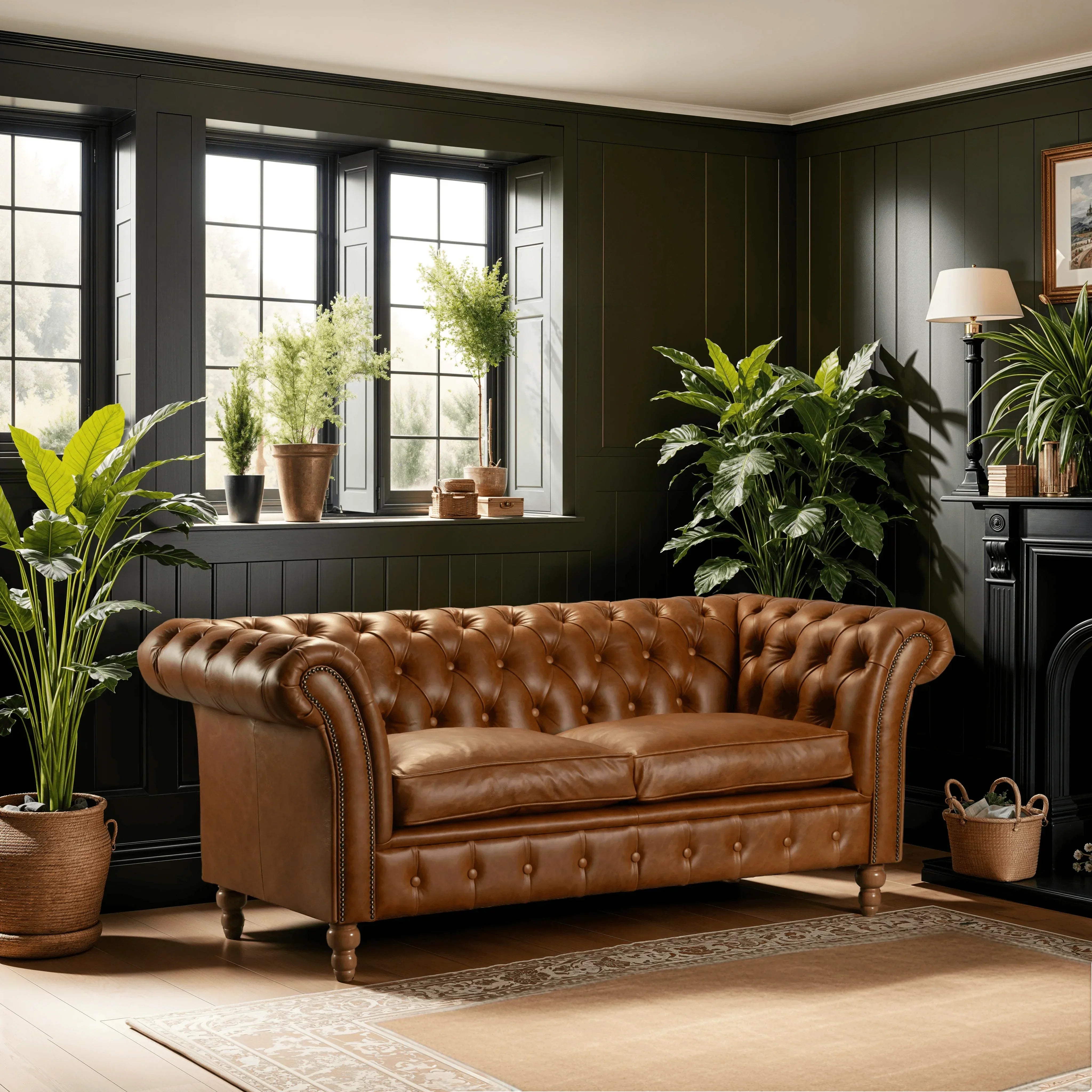 Brown leather chesterfield sofa with tufted backrest in a living room with indoor plants
