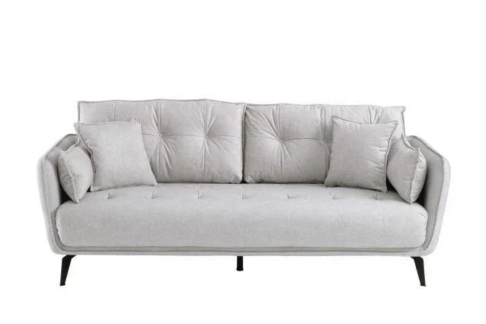 Light grey fabric sofa with tufted cushions and black angled legs, viewed from the front