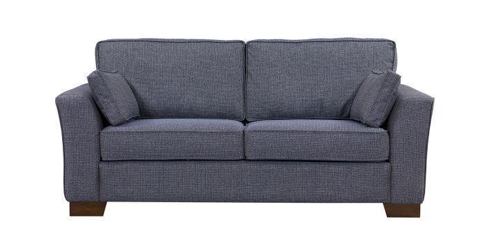 Grey fabric sofa with two seat cushions and matching scatter cushions, straight front view
