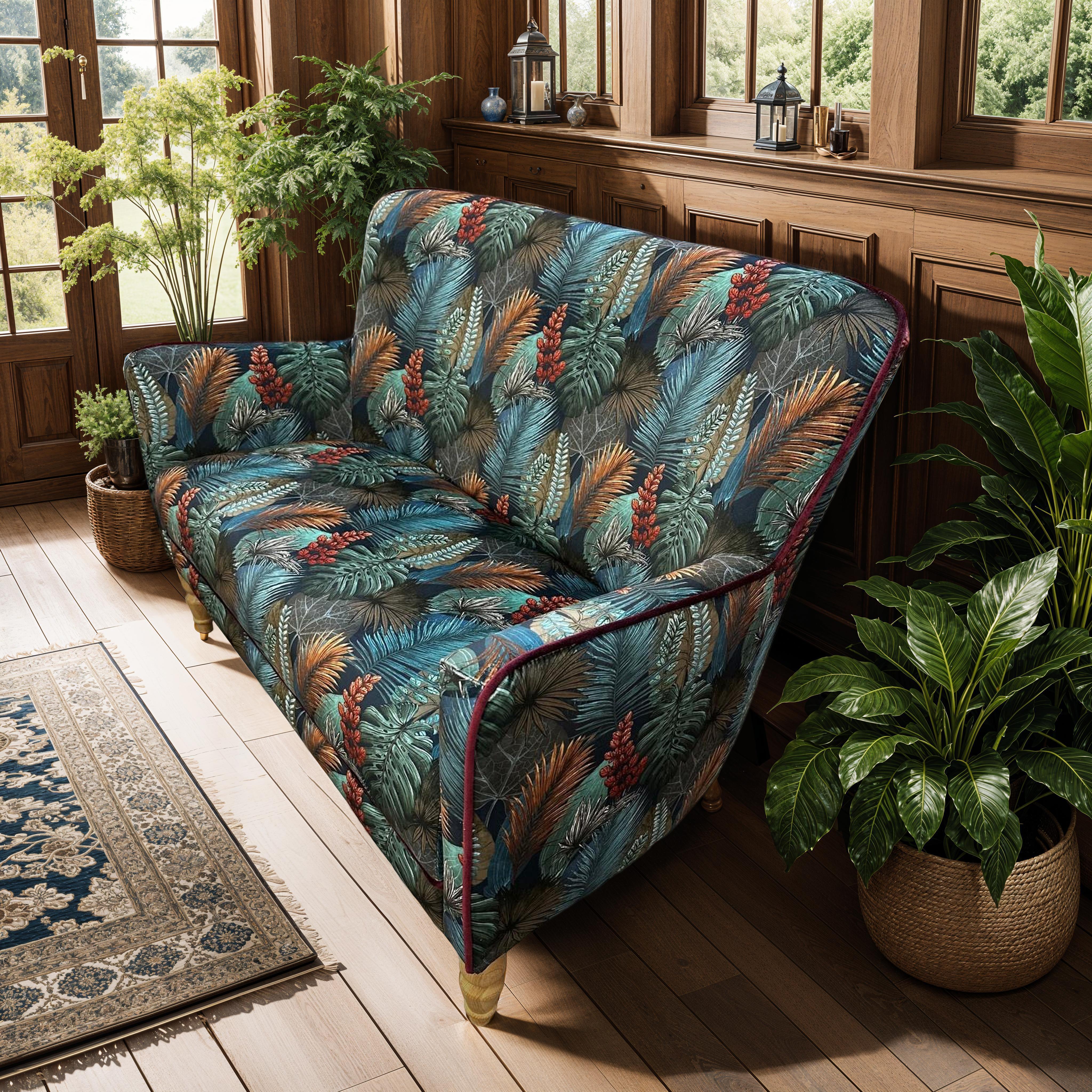 Leaf print fabric sofa with wooden legs in a sunroom beside indoor plants and windows