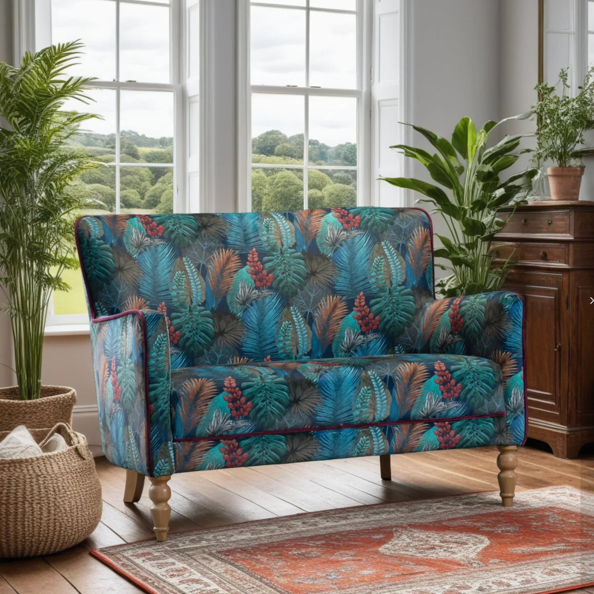 Tropical print fabric sofa with wooden legs in a bright living room with indoor plants