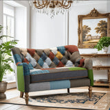 Patchwork fabric sofa with button-tufted backrest in elegant living room setting