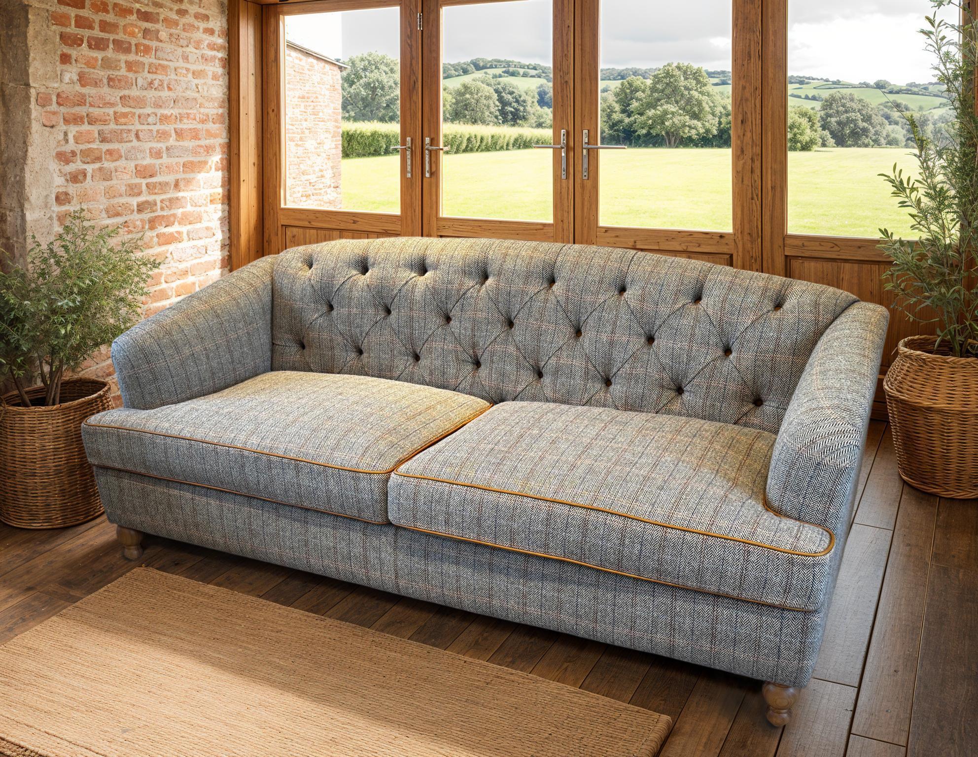Grey fabric Chesterfield sofa with button tufting in a rustic living room
