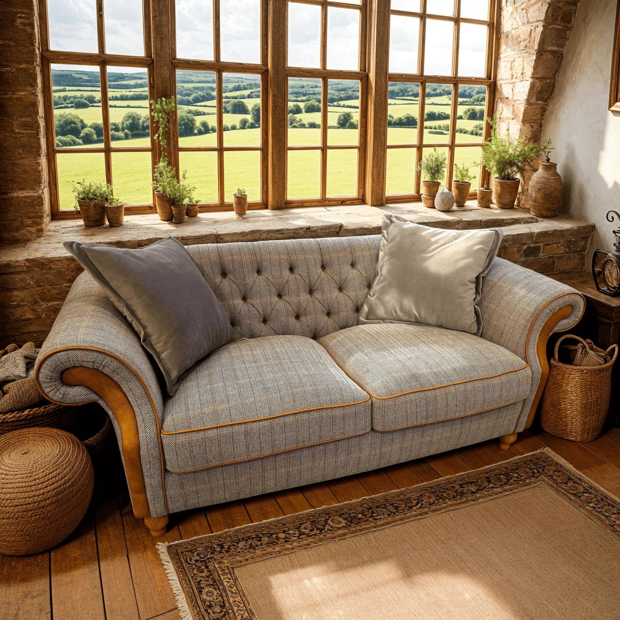 Grey fabric sofa with tufted back, wooden trim, and velvet cushions in rustic living room