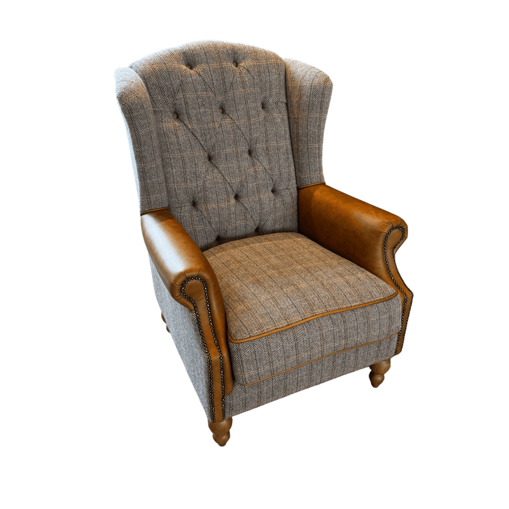 Westminster Wing Armchair in Harrington Tweed (Fellwood Lodge) and Tan Leather Trims