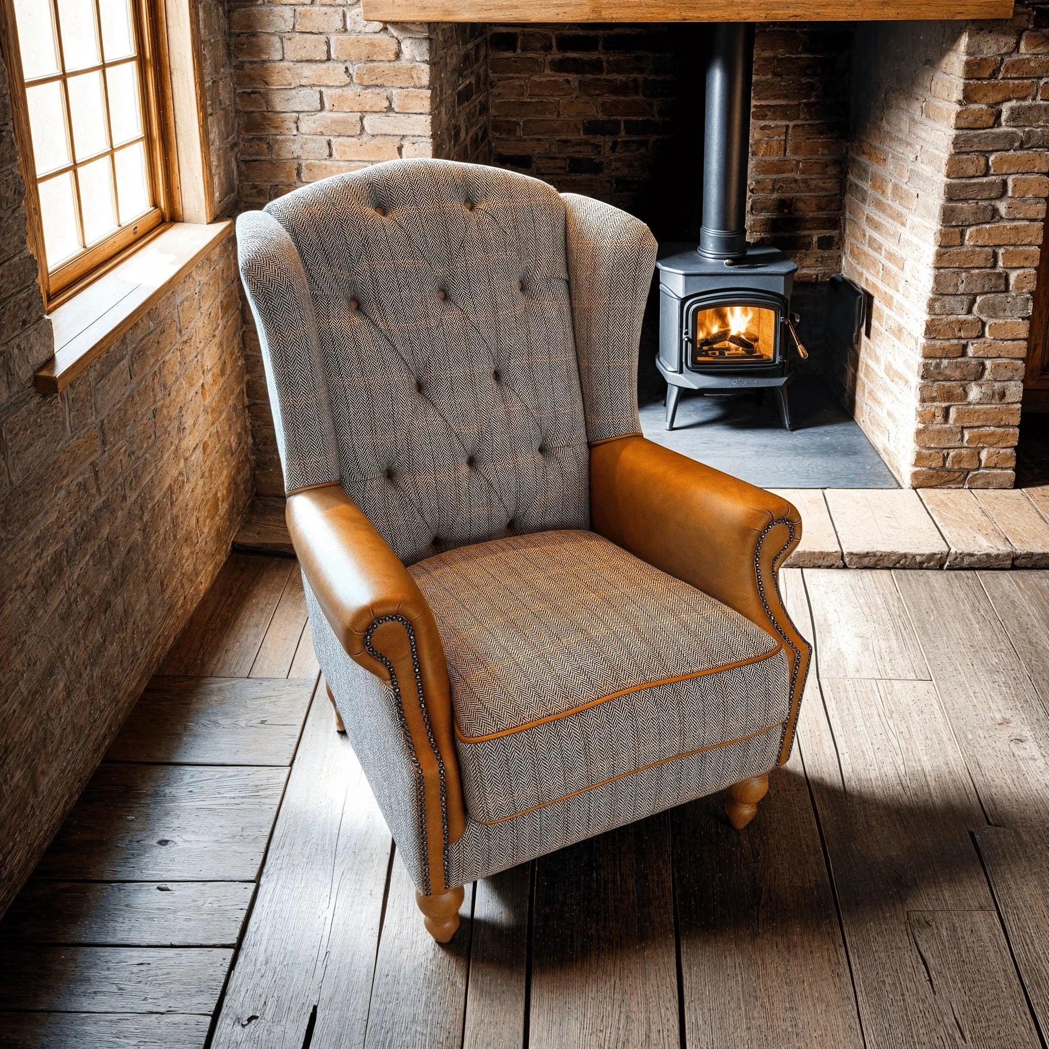 Grey and tan accent armchair with button-back detail in rustic living room by wood stove