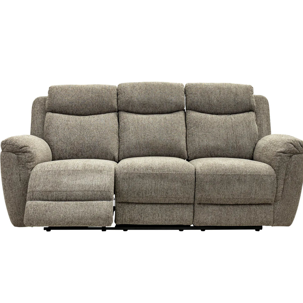 A three-seat reclining sofa in textured taupe-gray fabric, shown from the front against a plain white background.
