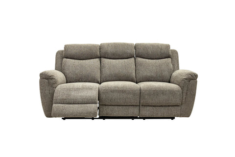 A three-seat reclining sofa in textured taupe-gray fabric, shown from the front against a plain white background.