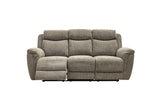 A three-seat reclining sofa in textured taupe-gray fabric, shown from the front against a plain white background.