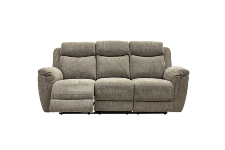 A three-seat reclining sofa in textured taupe-gray fabric, shown from the front against a plain white background.