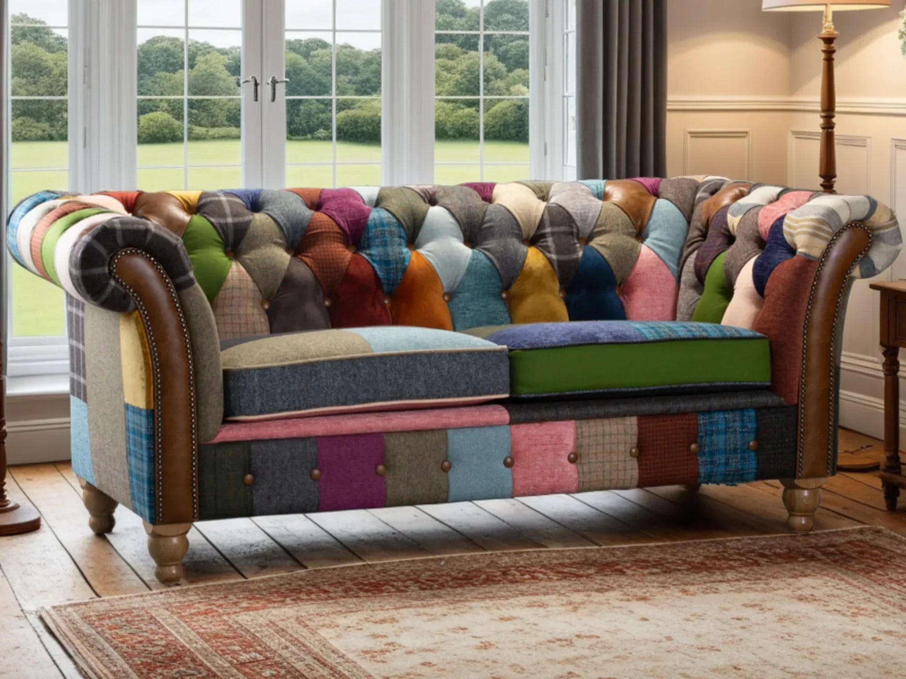 Patchwork fabric Chesterfield sofa with button-tufted back in living room