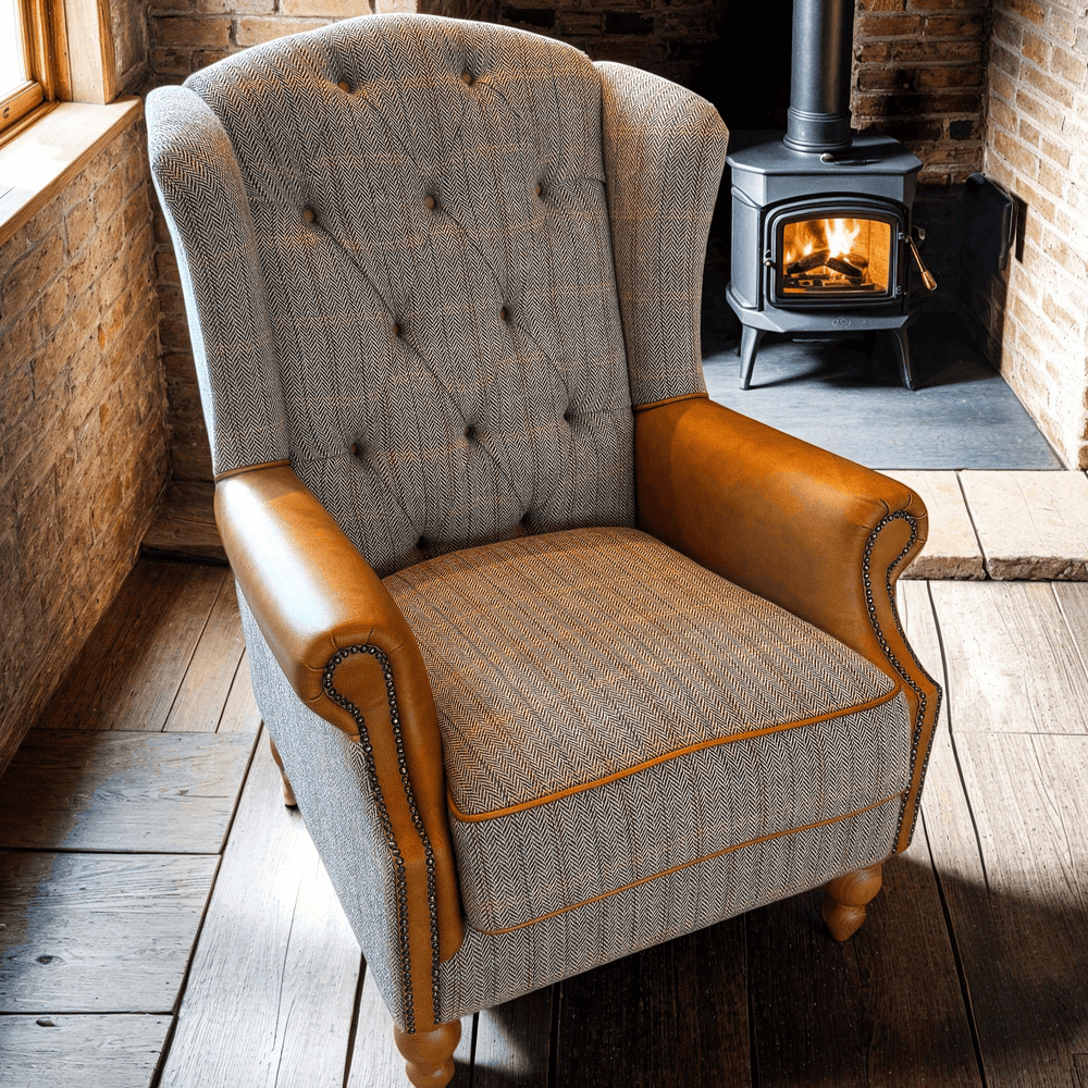 Westminster Wing Armchair in Harrington Tweed (Fellwood Lodge) and Tan Leather Trims