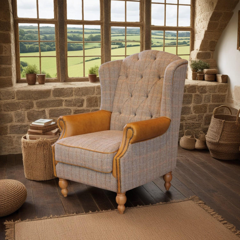 Westminster Wing Armchair in Harrington Tweed (Fellwood Lodge) and Tan Leather Trims