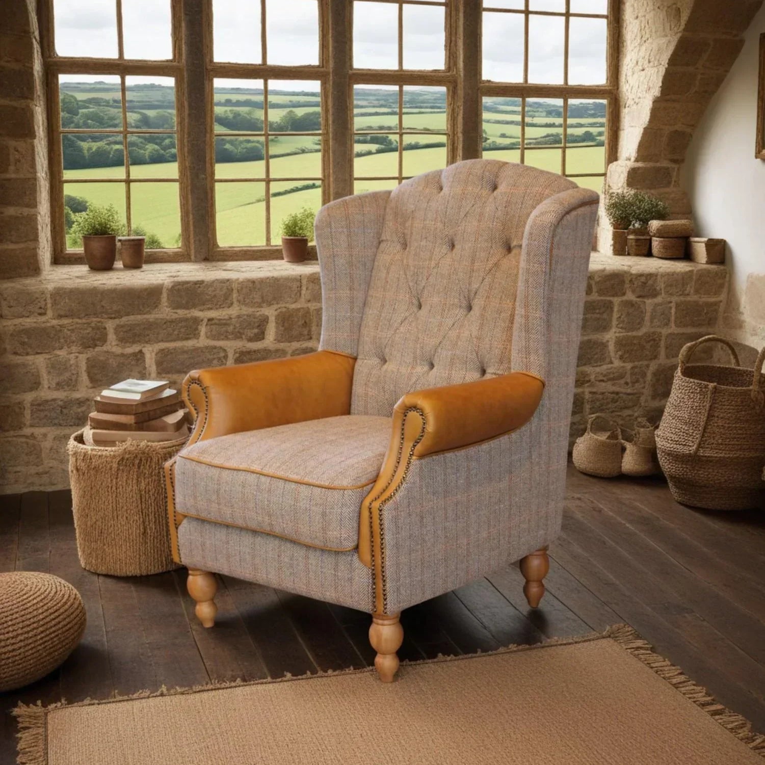 Wingback armchair with tufted fabric and tan leather accents in rustic living room