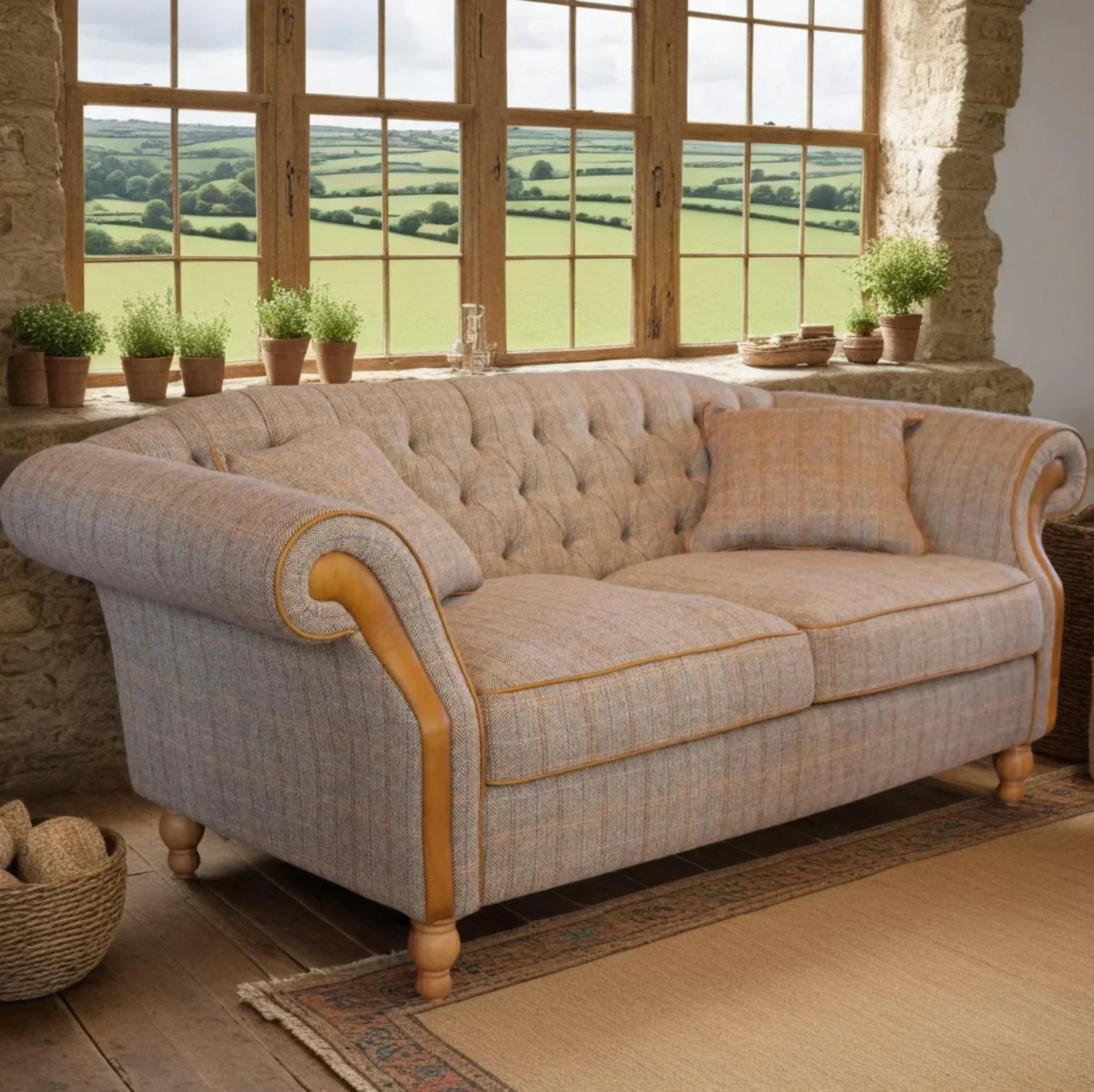 Grey fabric Chesterfield sofa with button tufting and tan leather trim in rustic living room