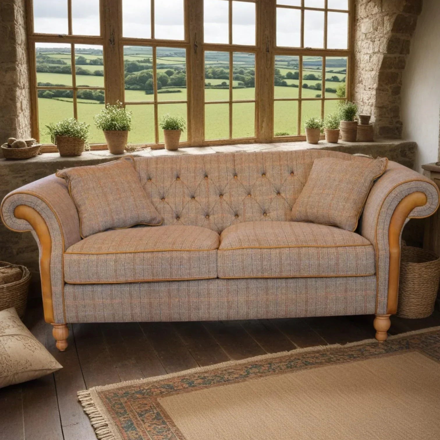 Tweed fabric sofa with button back and wooden legs in rustic living room setting