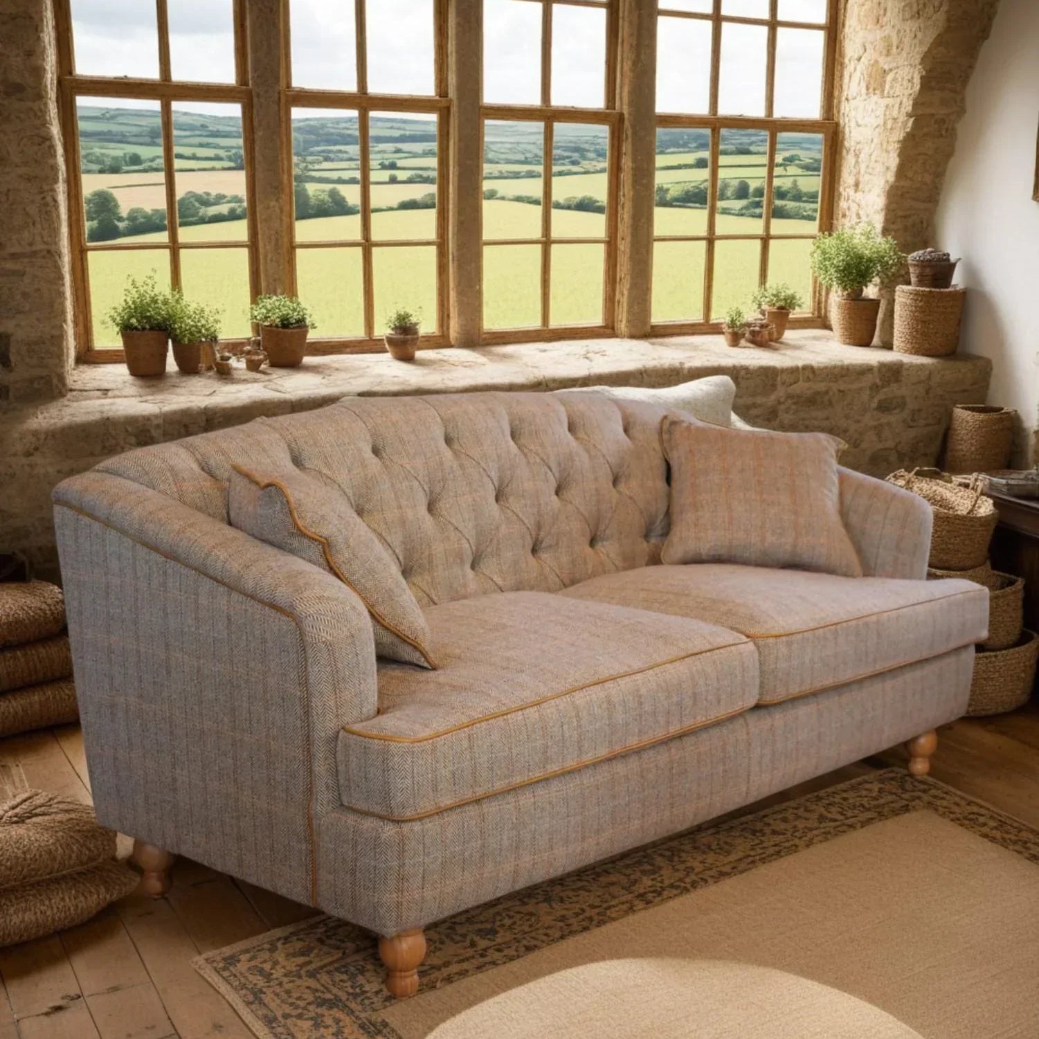 Grey fabric sofa with tufted back and wooden legs in a rustic living room with countryside view