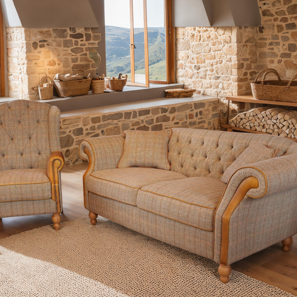 Westminster Wing Armchair in Harrington Tweed (Fellwood Lodge) and Tan Leather Trims