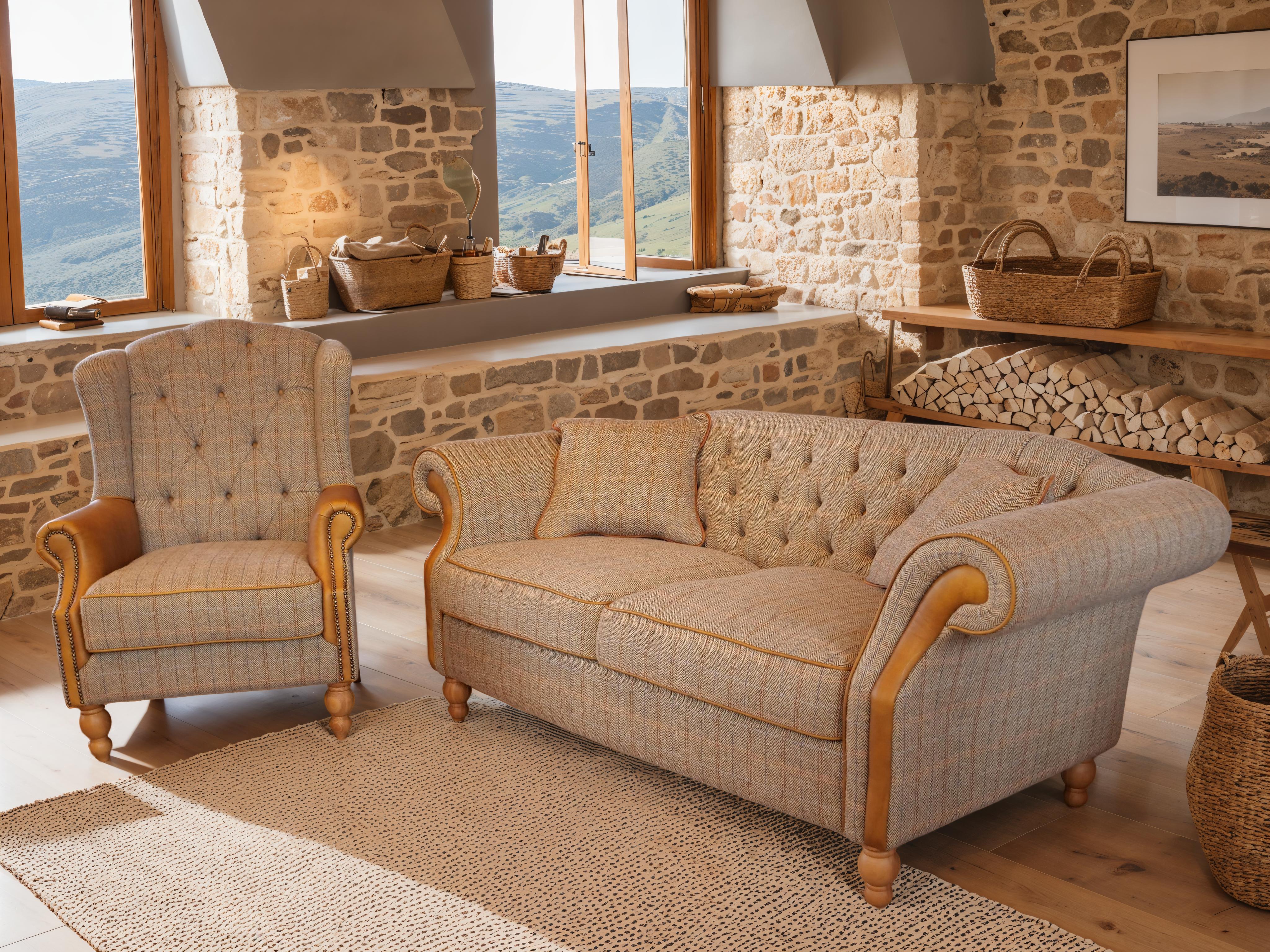 Tweed fabric sofa and armchair with tan leather trim in rustic living room with stone walls