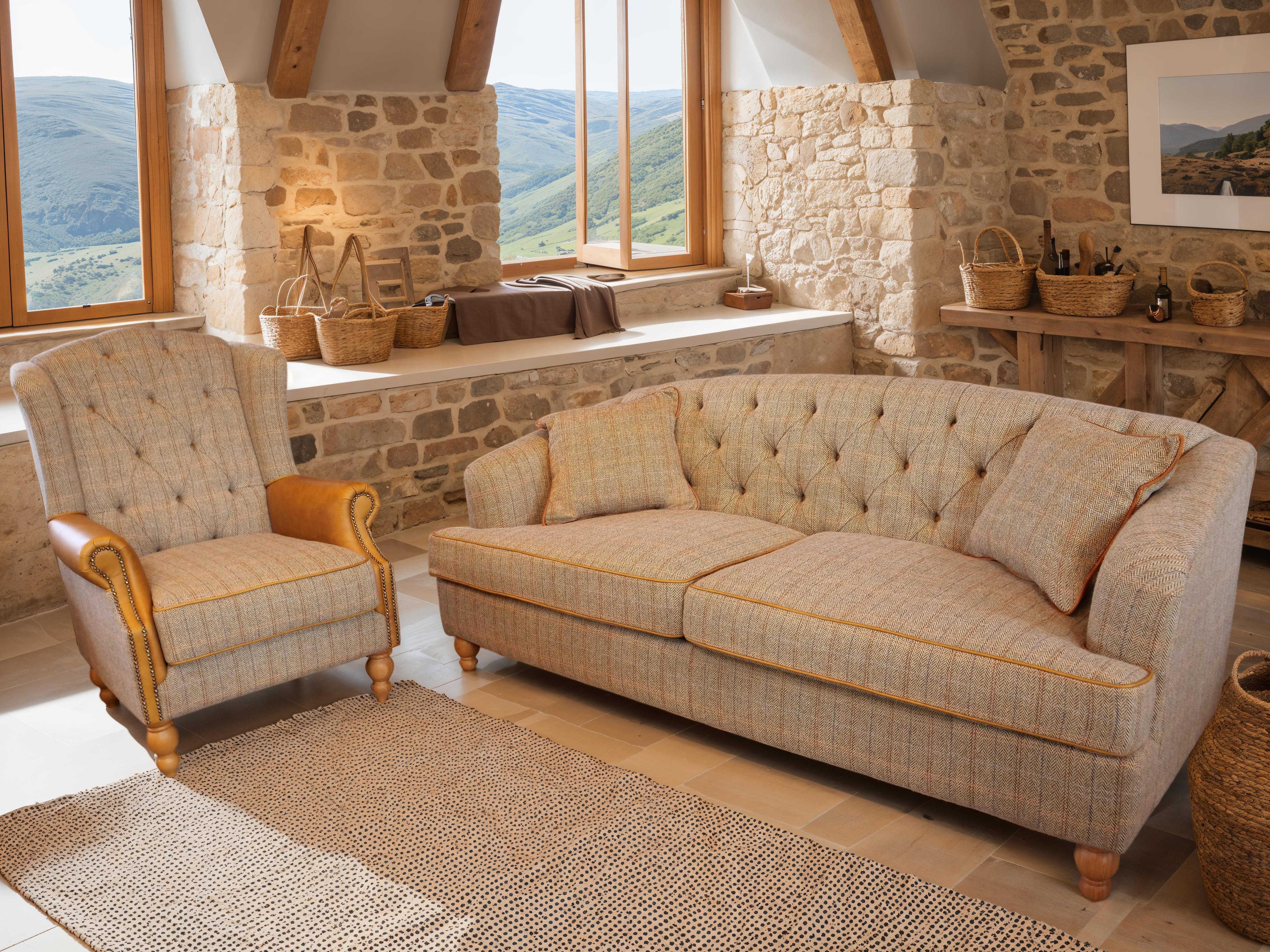 Beige fabric sofa and armchair with wooden legs in rustic living room with stone walls