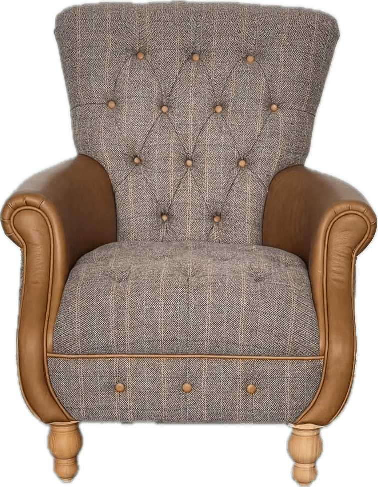 Westminster Armchair in Harrington Tweed (Fellwood Lodge) and Tan leather Trims