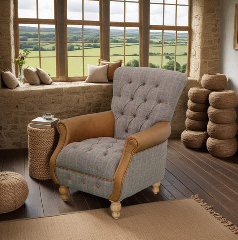 Westminster Armchair in Harrington Tweed (Fellwood Lodge) and Tan leather Trims