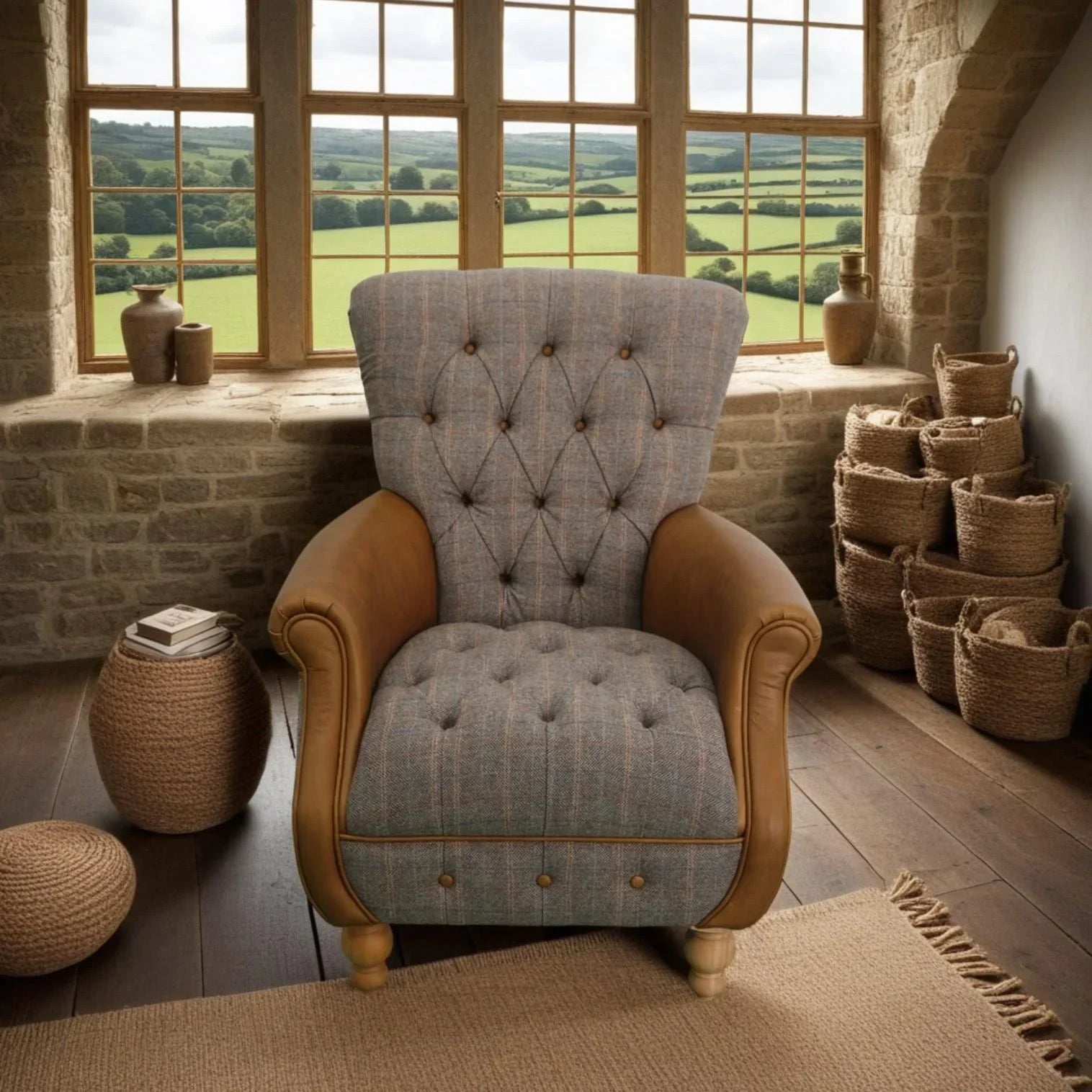 Button-tufted fabric armchair with brown leather arms in rustic living room with baskets