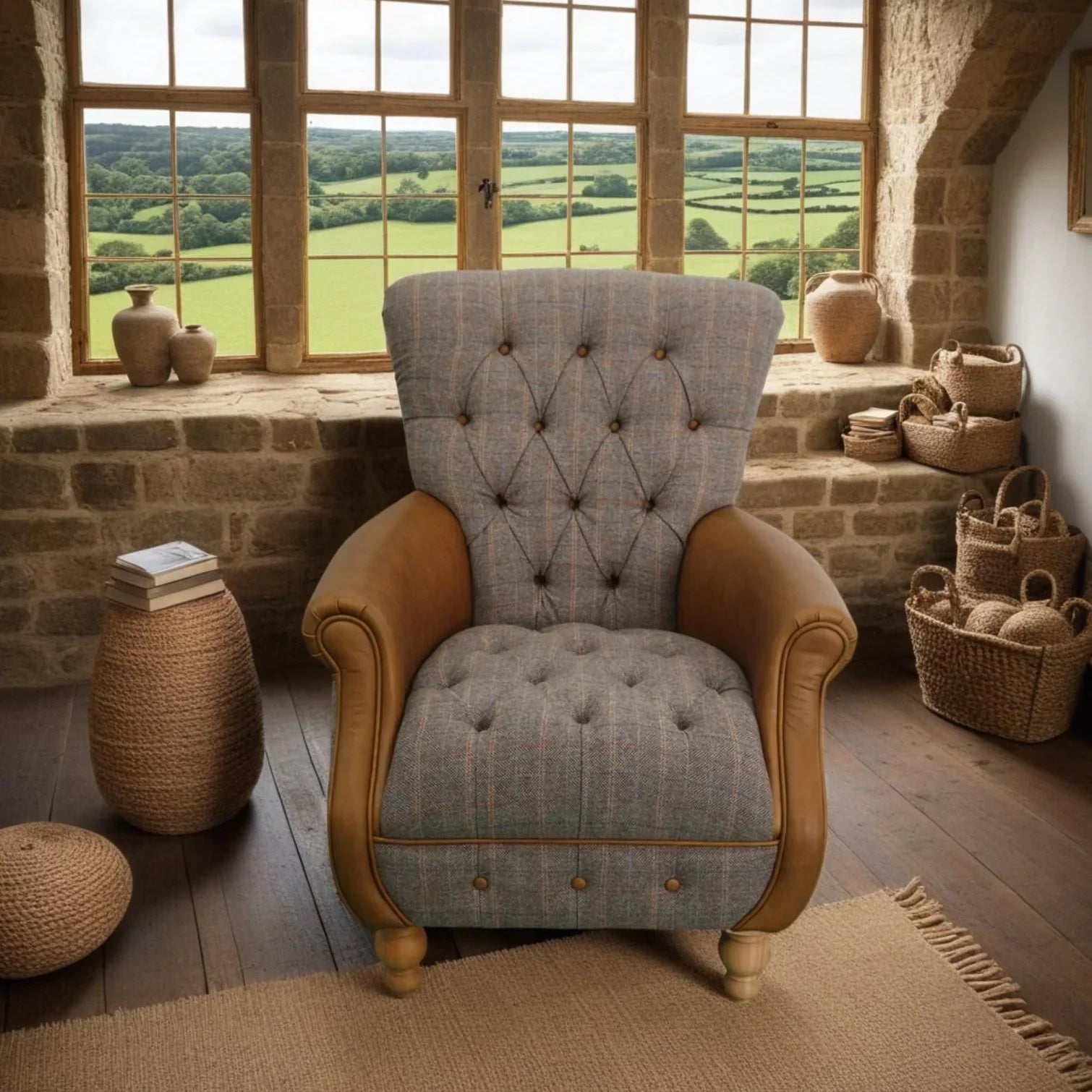 Button-tufted fabric and leather armchair in rustic living room with stone walls and window view