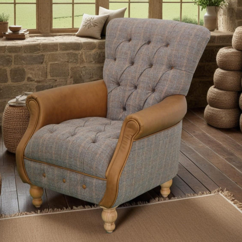 Westminster Armchair in Harrington Tweed (Fellwood Lodge) and Tan leather Trims