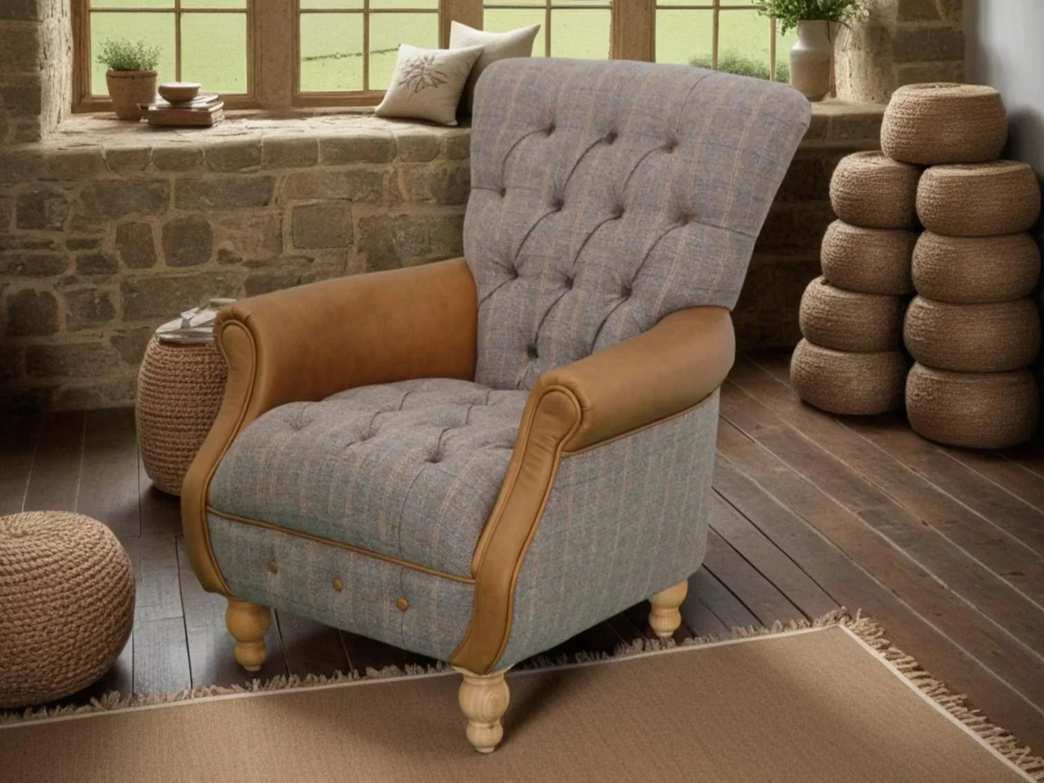 Tufted grey and tan accent armchair with wooden legs in rustic living room