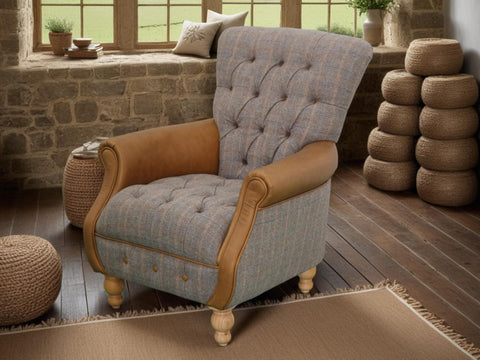 Westminster Armchair in Harrington Tweed (Fellwood Lodge) and Tan leather Trims