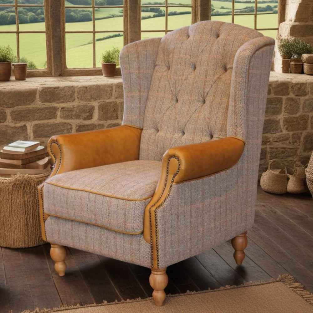 Westminster Wing Armchair in Harrington Tweed (Fellwood Lodge) and Tan Leather Trims