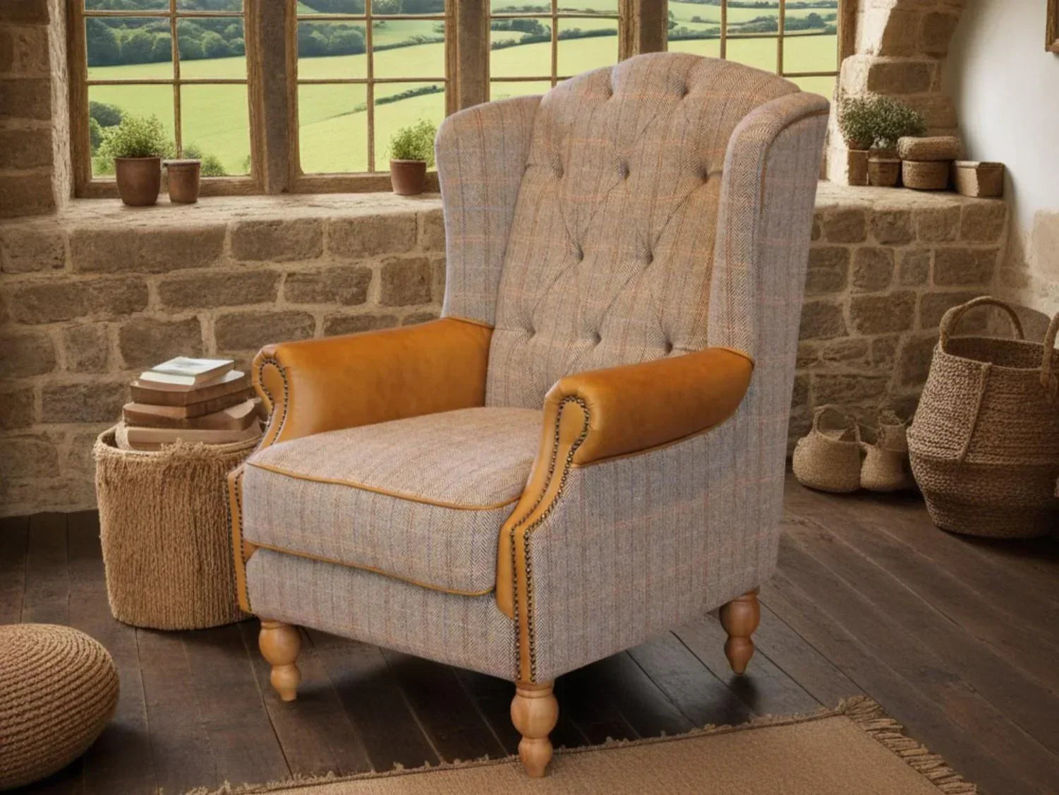 Plaid armchair with tan leather armrests and wooden legs in rustic living room setting