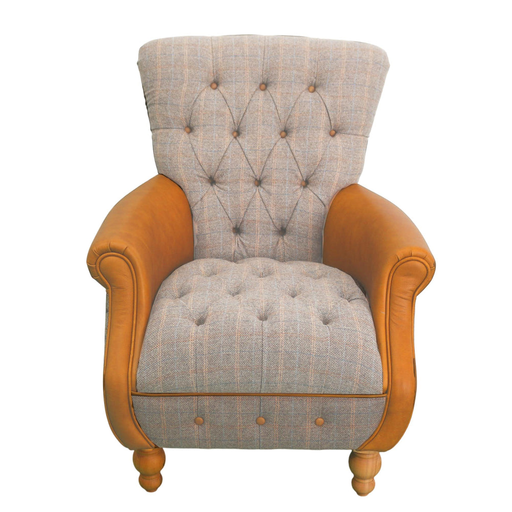 Westminster Armchair in Harrington Tweed (Fellwood Lodge) and Tan leather Trims