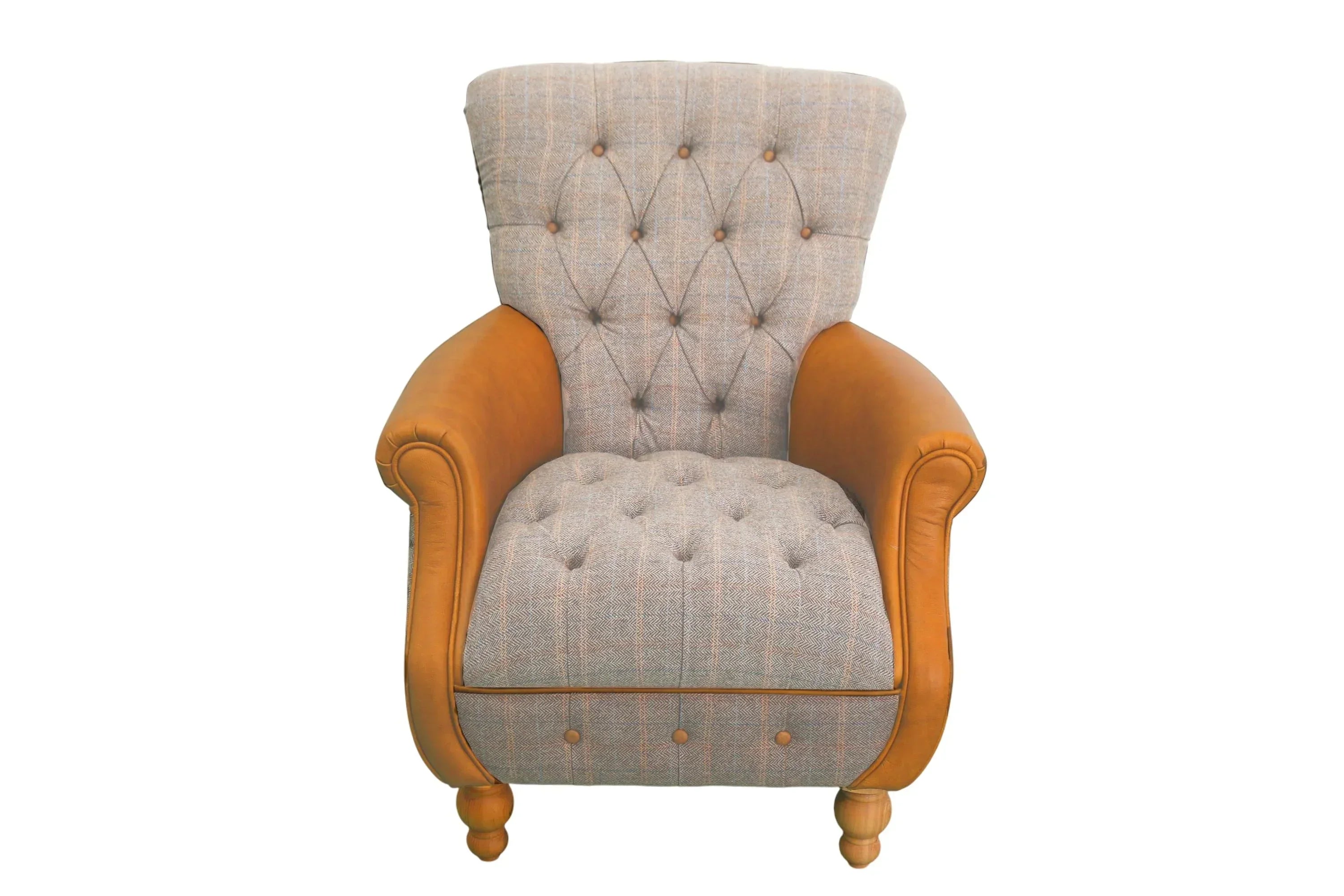 Button-tufted armchair with brown leather arms and grey fabric seat, front view