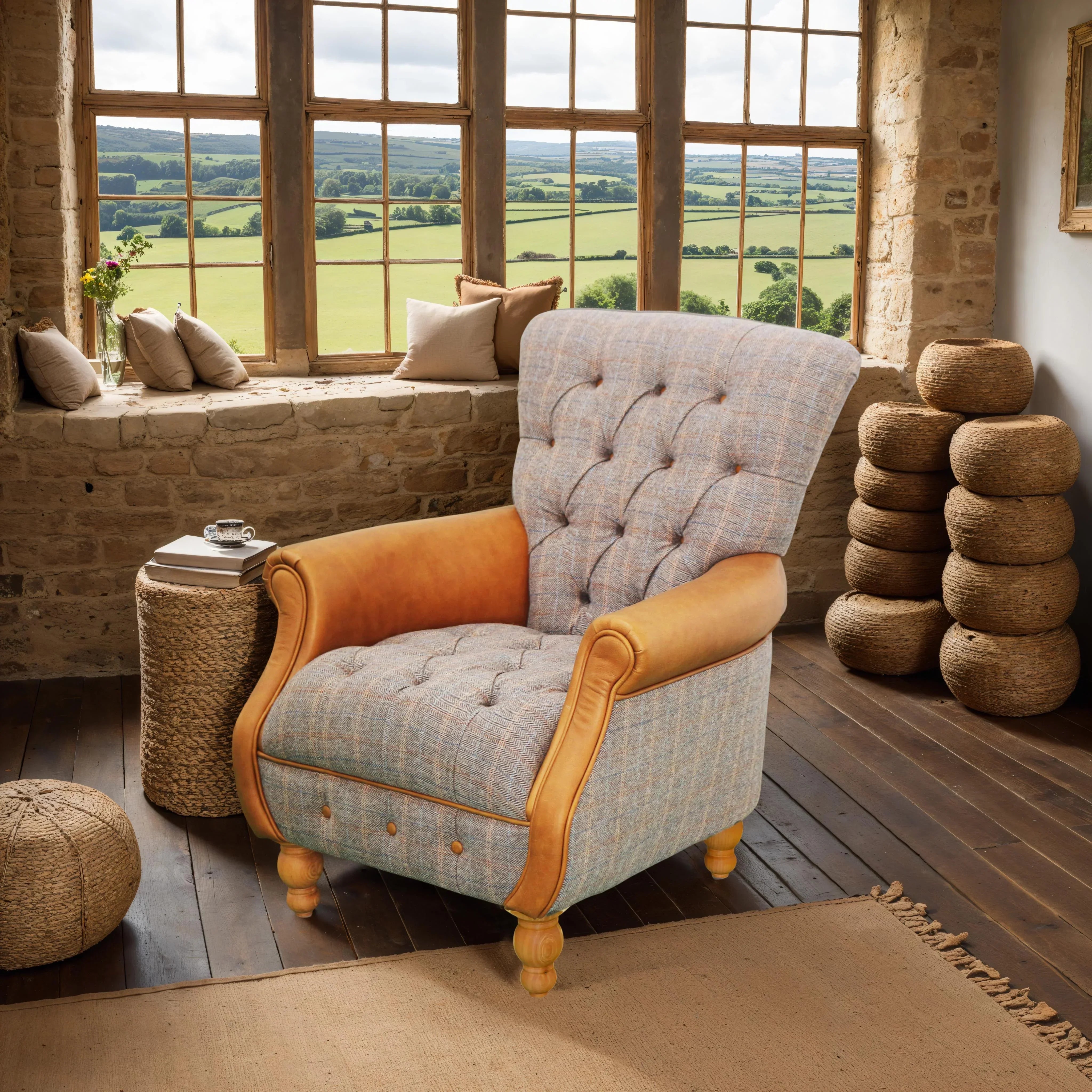Button-tufted accent armchair with tan leather arms in rustic living room