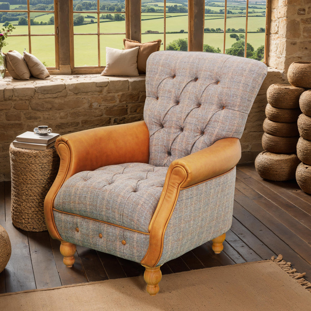 Westminster Armchair in Harrington Tweed (Fellwood Lodge) and Tan leather Trims