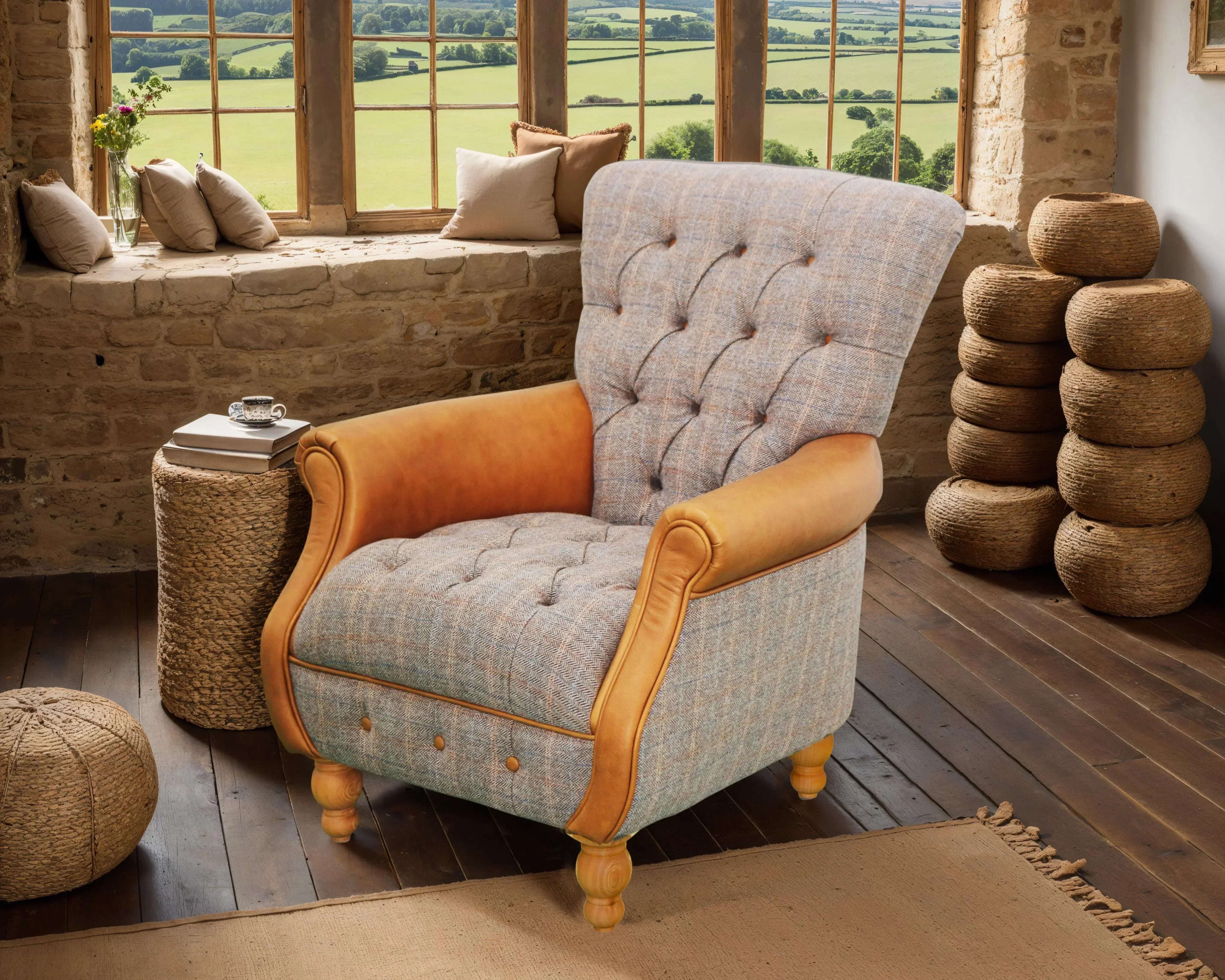 Button tufted armchair with tan leather trim in rustic living room with large cottage window
