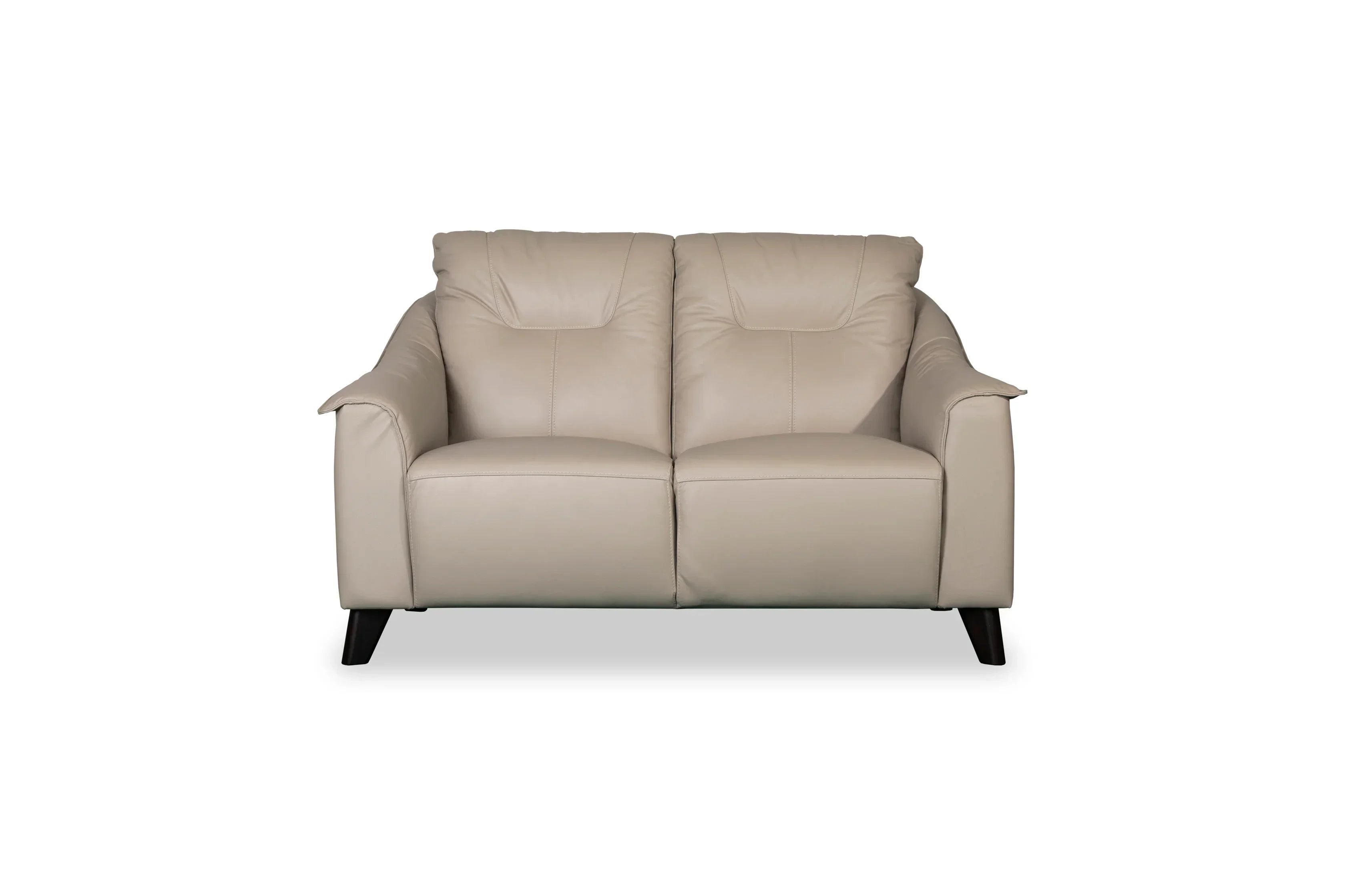 Beige leather sofa with padded seats and angled armrests on dark wooden legs, front view