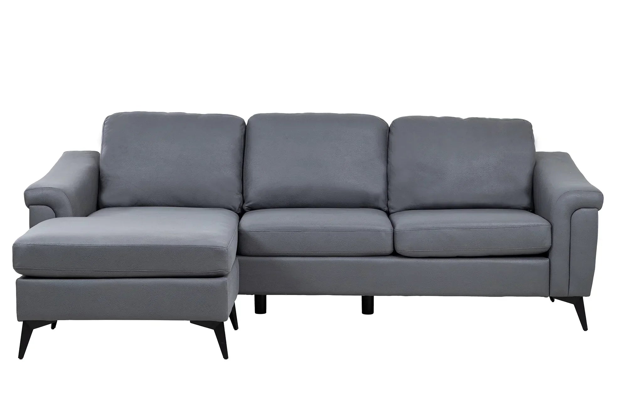 Grey corner sofa with chaise lounge and black legs, modern upholstered seating furniture